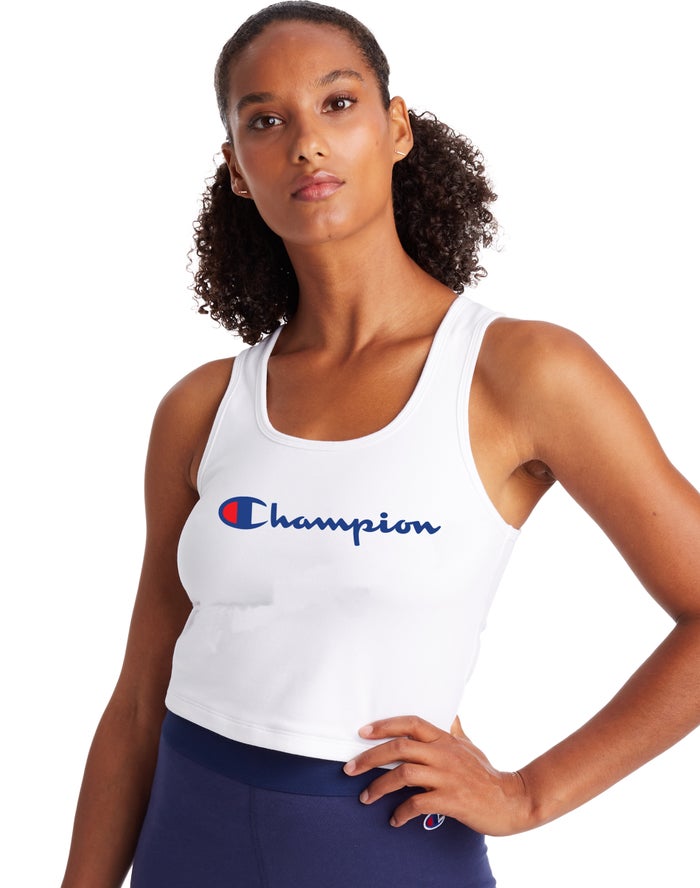 Champion Tanktop Dames - Wit - Authentic Crop Script Logo ( 572906-PSE )